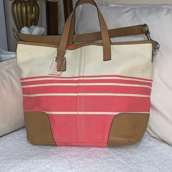Coach Hadley Variegated coral and beige striped coach tote - Picture 1 of 13